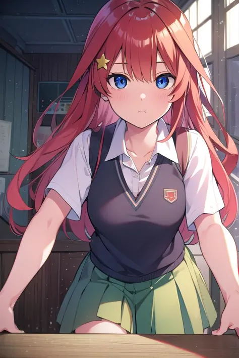 itsukinakano, <lyco:itsukinakano-LYCORIStest:1>, itsuki nakano, bangs, blue eyes, hair between eyes, ahoge, red hair, star \(symbol\), hair ornament, star hair ornament,
BREAK skirt, shirt, school uniform, collarbone, white shirt, short sleeves, pleated skirt, socks, collared shirt, miniskirt, kneehighs, white socks, green skirt, sweater vest, red sweater vest,
BREAK indoors, school, classroom,
BREAK looking at viewer, BREAK <lora:GoodHands-vanilla:1>, (masterpiece:1.2), best quality, high resolution, unity 8k wallpaper, (illustration:0.8), (beautiful detailed eyes:1.6), extremely detailed face, perfect lighting, extremely detailed CG, (perfect hands, perfect anatomy),