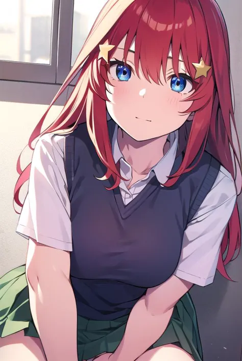 itsukinakano, <lyco:itsukinakano-LYCORIStest:1>, itsuki nakano, bangs, blue eyes, hair between eyes, ahoge, red hair, star \(symbol\), hair ornament, star hair ornament,
BREAK skirt, shirt, school uniform, collarbone, white shirt, short sleeves, pleated skirt, socks, collared shirt, miniskirt, kneehighs, white socks, green skirt, sweater vest, red sweater vest,
BREAK indoors, school, classroom,
BREAK looking at viewer, BREAK <lora:GoodHands-vanilla:1>, (masterpiece:1.2), best quality, high resolution, unity 8k wallpaper, (illustration:0.8), (beautiful detailed eyes:1.6), extremely detailed face, perfect lighting, extremely detailed CG, (perfect hands, perfect anatomy),