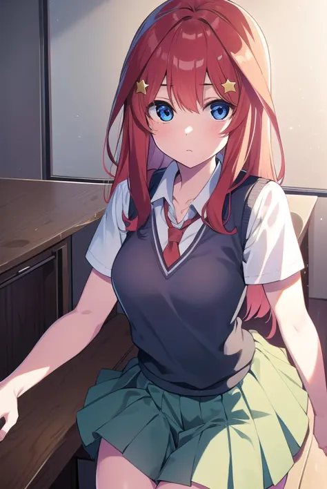 anime girl sitting on a desk with a laptop in her lap