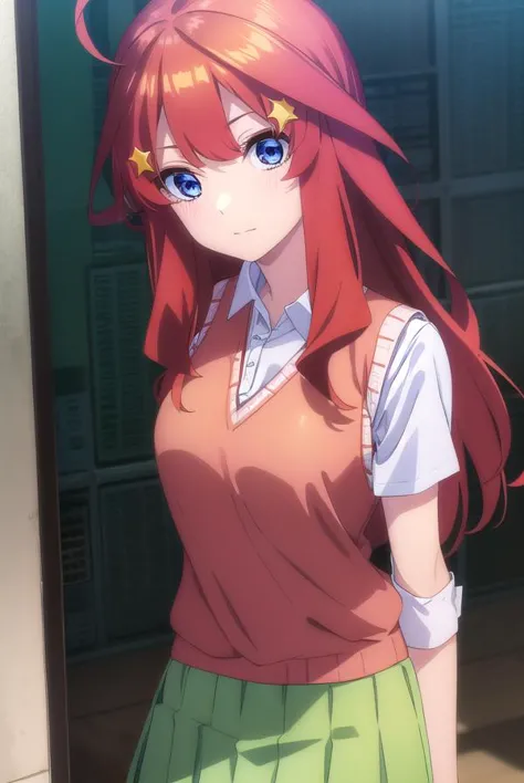 itsukinakano, <lyco:itsukinakanospecial-lyco-nochekaiser:1>, 
itsuki nakano, bangs, blue eyes, hair between eyes, ahoge, red hair, star \(symbol\), hair ornament, star hair ornament,
BREAK skirt, shirt, school uniform, collarbone, white shirt, short sleeves, pleated skirt, socks, collared shirt, miniskirt, kneehighs, white socks, (green skirt:1.5), sweater vest, (red sweater vest:1.5),
BREAK indoors, classroom,
BREAK looking at viewer, (cowboy shot:1.5),
BREAK <lyco:GoodHands-beta2:1>, (masterpiece:1.2), best quality, high resolution, unity 8k wallpaper, (illustration:0.8), (beautiful detailed eyes:1.6), extremely detailed face, perfect lighting, extremely detailed CG, (perfect hands, perfect anatomy),