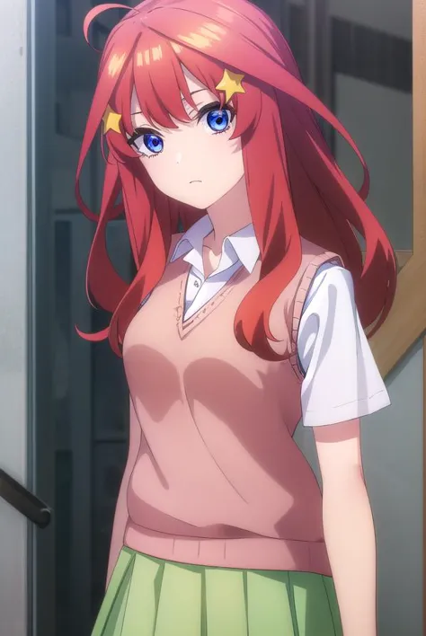 itsukinakano, <lyco:itsukinakanospecial-lyco-nochekaiser:1>, 
itsuki nakano, bangs, blue eyes, hair between eyes, ahoge, red hair, star \(symbol\), hair ornament, star hair ornament,
BREAK skirt, shirt, school uniform, collarbone, white shirt, short sleeves, pleated skirt, socks, collared shirt, miniskirt, kneehighs, white socks, (green skirt:1.5), sweater vest, (red sweater vest:1.5),
BREAK indoors, classroom,
BREAK looking at viewer, (cowboy shot:1.5),
BREAK <lyco:GoodHands-beta2:1>, (masterpiece:1.2), best quality, high resolution, unity 8k wallpaper, (illustration:0.8), (beautiful detailed eyes:1.6), extremely detailed face, perfect lighting, extremely detailed CG, (perfect hands, perfect anatomy),