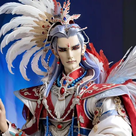 An image of a fantasy character, depicted as a handsome, ethereal figure in an intricate and colorful costume. He wears a regal combination of blue, red, and white garments, adorned with various embellishments and symbols. His hair is long and silver, styled with a distinctive headpiece featuring feathers and jewels. In his hand, he holds a silver chain, adding to his majestic appearance
,<lora:twdoll:0.85>,full body