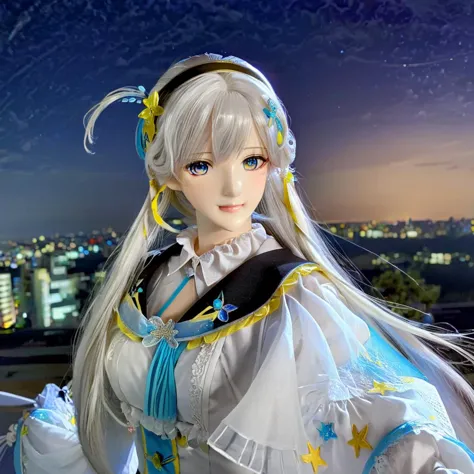 doll,masterpiece,best quality,<lora:firefly_new:1>,firefly \(honkai: star rail\), 1girl, solo, sky, star_\(sky\), looking_at_viewer, smile, long_hair, starry_sky, blue_eyes, bangs, night, hairband, night_sky, closed_mouth, white_hair, long_sleeves, black_hairband, wing_hair_ornament, hair_ornament, dress, hair_between_eyes,<lora:twdoll:0.85>,full body