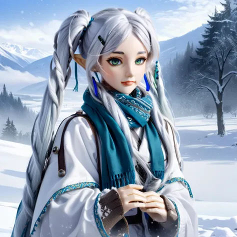 Digital art, masterpiece A detailed and cinematic wallpaper, closeup portrait of a girl Frieren standing in snow with blue scarf...