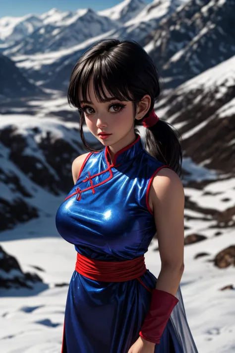 (ultra realistic,32k,RAW photo:1.1),(high detailed skin:1.1), 8k uhd, dslr, high quality, film grain, (makeup, mascara:1.1), lips,(thick\lips\), 
(shiny glossy translucent clothing:1.1), dragon ball, bbchichi, (low ponytail:1.1), black eyes, chinese clothes, blue dress, sleeveless, wristband, sash, huge breast, 
(looking at viewer, standing from above:1.1),, 
 (busty:1.1) ,  (chubby:0.1),(lighting:1.1),dark theme, snowy peak, white-capped summit, wintry landscape