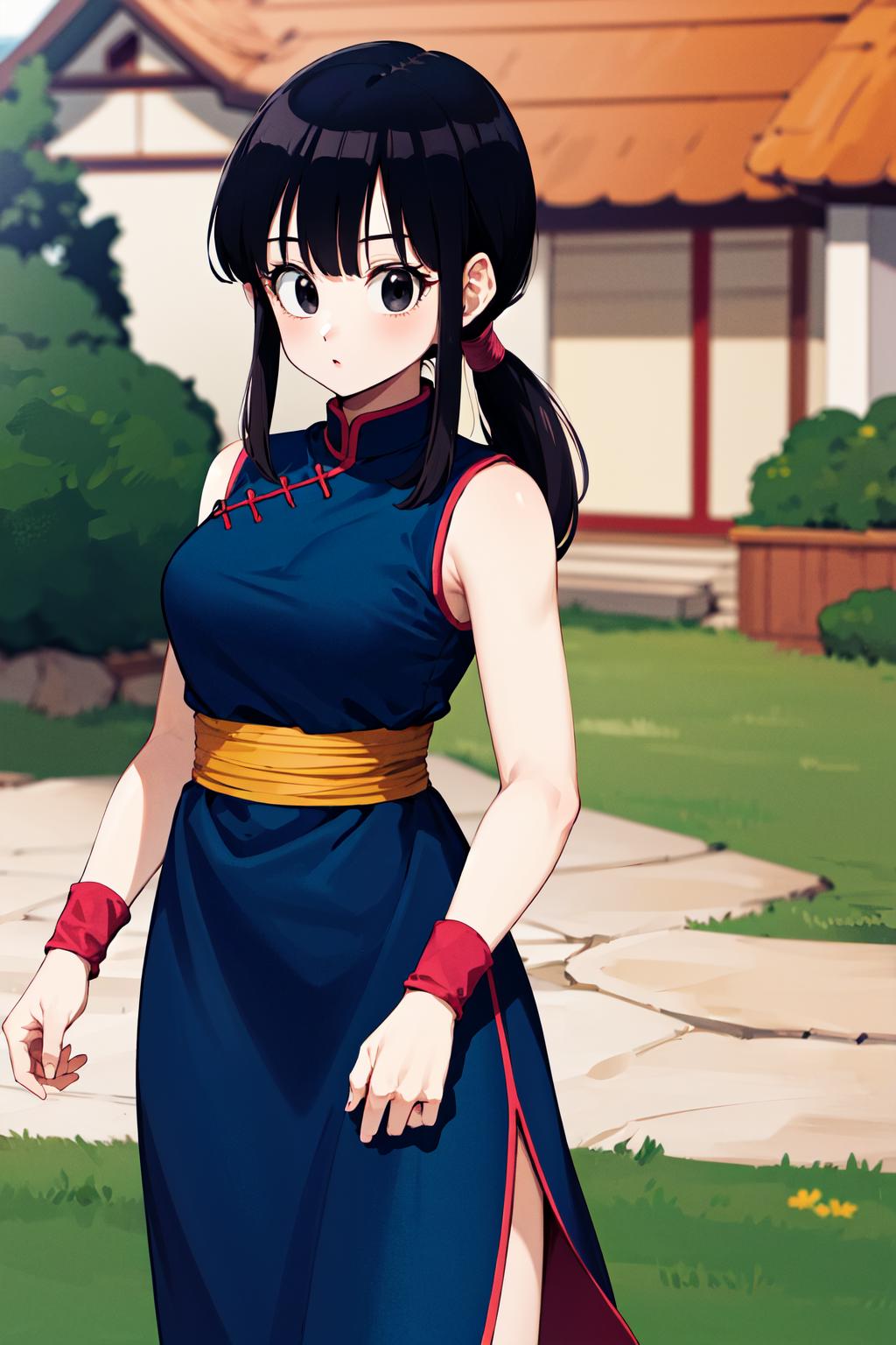 Anime girl in blue dress with red and yellow belt and red shoes - SeaArt AI