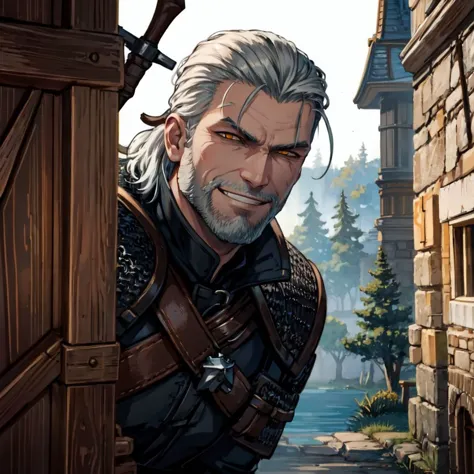 IncrsAnyasJehCaraMeme, sonrisa, presumido, asomando por la parte superior del cuerpo, Geralt_alma3142, 1 hombre, barba, Ojos amarillos, pelo blanco, armadura, cota de malla 