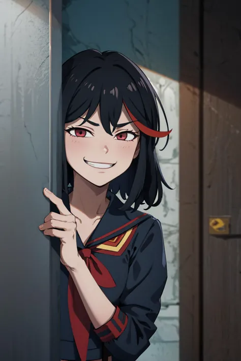 obra maestra, mejor calidad, absurdos, 1 chica, solo, cuerpo de tamaño natural, IncrsAnyasJehCaraMeme, sonrisa, presumido, asomando por la parte superior del cuerpo, puerta, matoi ryuuko, Uniforme escolar, serafín negro, falda con tirantes, 