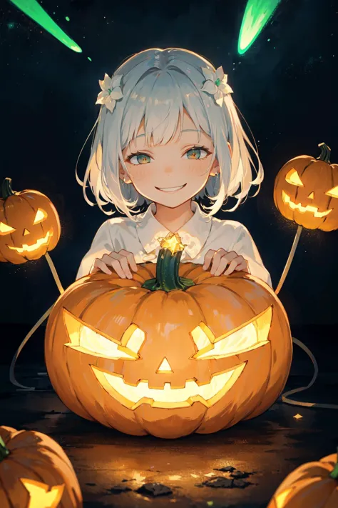 a girl sitting on a pumpkin with glowing eyes and a white hair