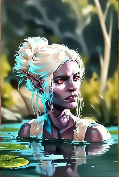 a painting of a woman with white hair and blue eyes in a body of water