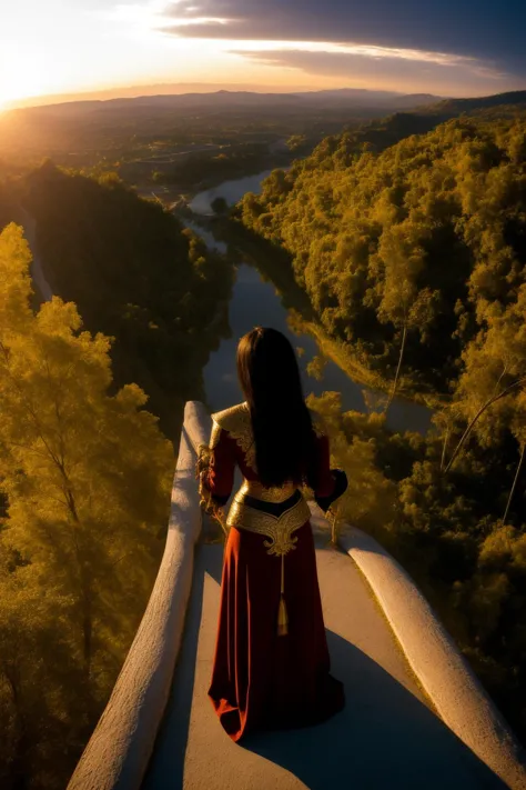 arafed woman in a red dress standing on a balcony overlooking a river