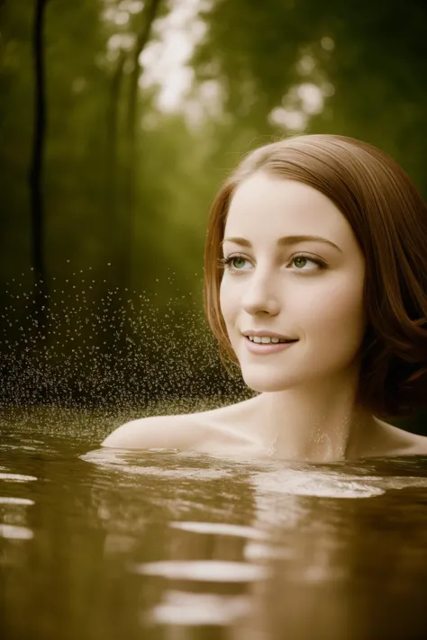 a close up of a woman in a body of water with a forest in the background