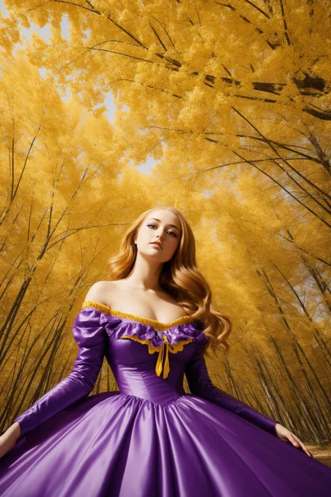 a woman in a purple dress standing in front of a tree