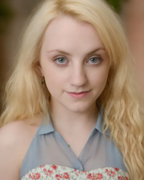 blonde woman with blue dress and flowered top posing for a picture