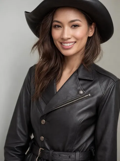 a woman wearing a black hat and leather jacket