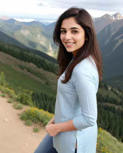 araffe woman standing on a mountain with a mountain view