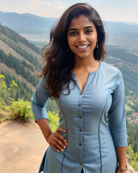 ultrarealistic photo of a 30-year-old desiespresso woman, dynamic pose, wearing Jeans_with_kurta, smiling, on a mountain top background bokeh  <lora:Desi_Coffee_V3_SD15_LoRA_prodigy_local_regs:0.8>