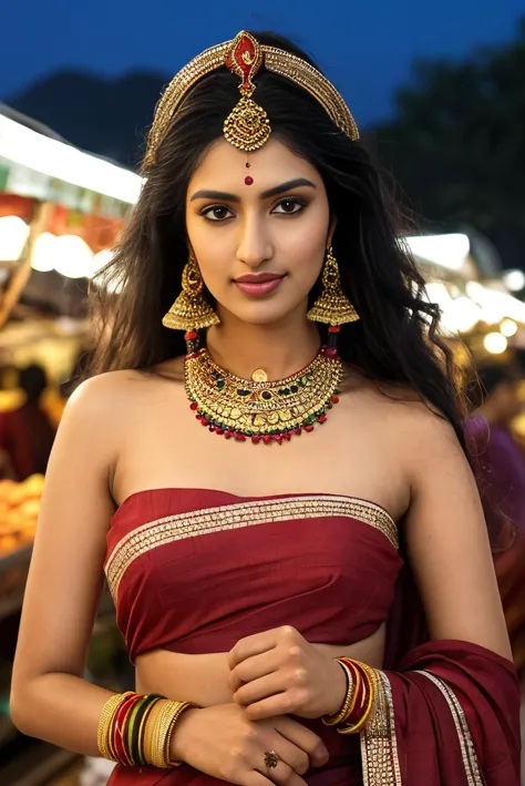 a woman in a red sari and gold jewelry poses for a picture