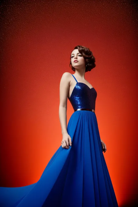 a woman in a blue dress standing against a red background