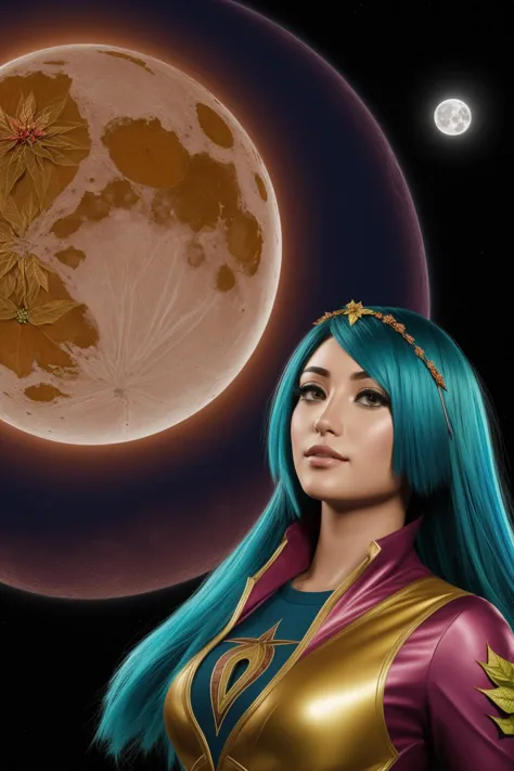 a close up of a woman with blue hair and a full moon