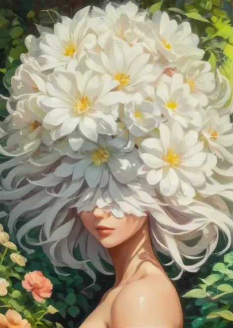 portrait artistique femme, Regarder le spectateur, (fleur de tête:1.4), belle coiffure abstraite longue et blanche, Lèvres, vêtements vintage, étrange, peinture à l&#39;huile, belles fleurs de jardin, coloré vibrant, (lumière vibrante:1.4), (ombre détaillée:1.2), (très détaillé:1.4), Style animé, art de la vitesse, coups de pinceau artistiques abstraits, (beau et esthétique:1.4), chef-d&#39;œuvre, surréaliste réaliste, (œuvre artistique surréaliste:1.4), (oeil de poisson:1.6) 