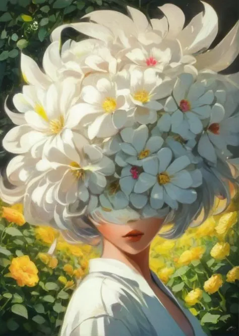 portrait artistique femme, Regarder le spectateur, (fleur de tête:1.4), belle coiffure abstraite longue et blanche, Lèvres, vêtements vintage, étrange, peinture à l&#39;huile, belles fleurs de jardin, coloré vibrant, (lumière vibrante:1.4), (ombre détaillée:1.2), (très détaillé:1.4), Style animé, art de la vitesse, coups de pinceau artistiques abstraits, (beau et esthétique:1.4), chef-d&#39;œuvre, surréaliste réaliste, (œuvre artistique surréaliste:1.4), (oeil de poisson:1.6) 