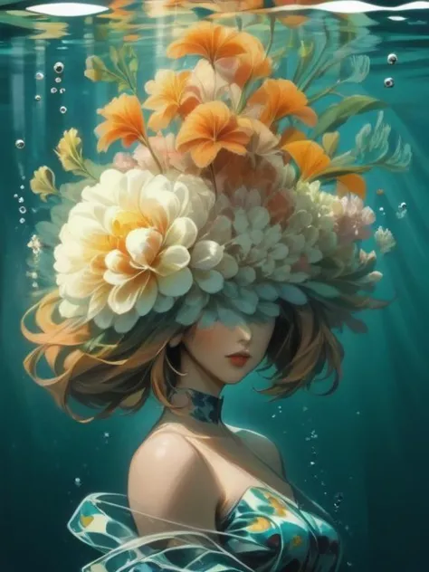 художественный портрет женщины, цветочная головка, (под водой:1.5), (золотая рыбка:1.5), (красиво и эстетично:1.4), шедевр, Сюрреалист  