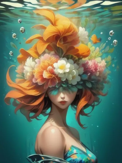 художественный портрет женщины, цветочная головка, (под красивой живой водой:1.5), (золотая рыбка:2.0), (красиво и эстетично:1.4), шедевр, Сюрреалист  