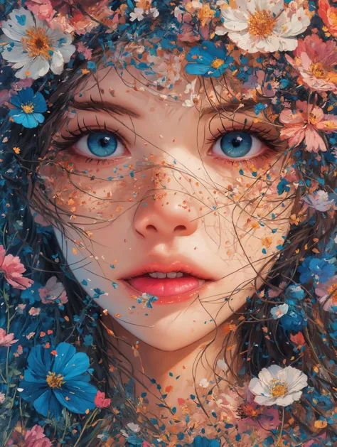 1girl, flower, solo, blue eyes, parted lips, brown hair, looking at viewer, lips, portrait, eyelashes, freckles, long hair, hair flower, blue flower, realistic, close-up, nose, pink flower