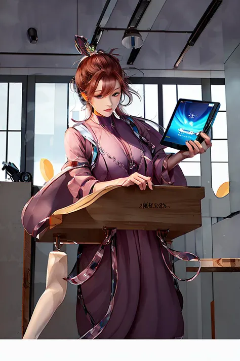 anime girl in a purple dress holding a laptop computer