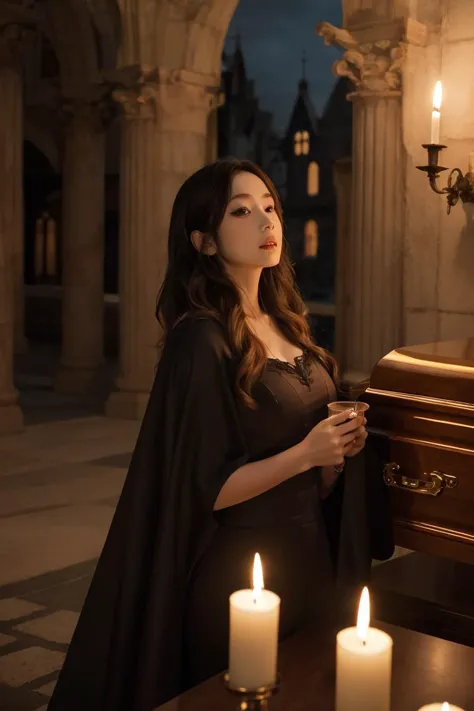 a woman in a black dress standing next to a casket