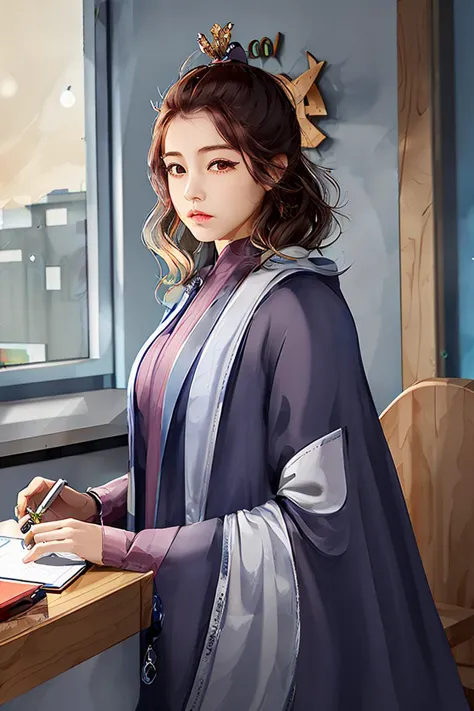 a woman in a purple robe writing on a notepad