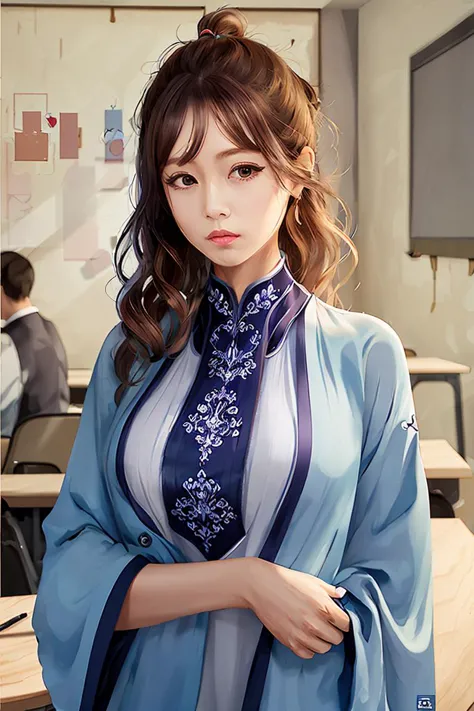 anime girl in blue kimono with a blue tie and a white shirt