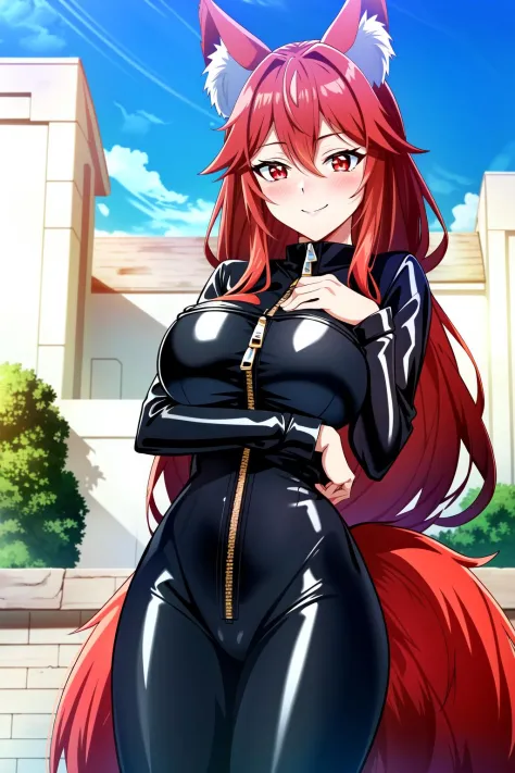 A woman in a black catsuit with red hair and a cat tail - SeaArt AI