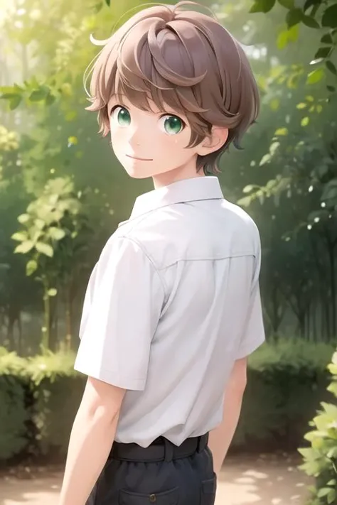 masterpiece, best quality, , 1boy, solo, male focus, looking at viewer, , , anime coloring, realistic, <lora:agatsuma_omoi_omoware:0.72>, agatsuma_omoi_omoware, brown hair, green eyes, oxford shirt, tam, The Enchanted Forest,