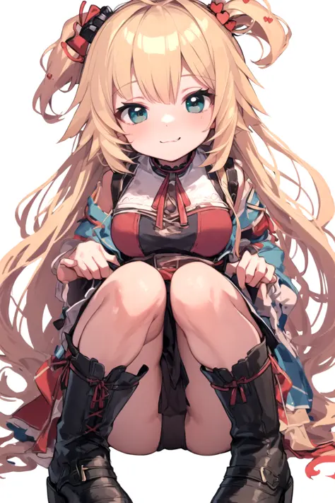 Masterpiece, best quality, 1girl, akai haato, blonde hair, ahoge, aqua eyes, heart hair ornament, very long hair, one side up, hair ribbon, red ribbon, [medium breasts:large breasts:0.4], boots, cute chibi, full body, white background, simple background,