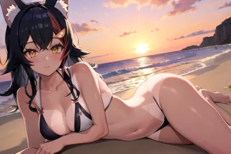 detailed background, masterpiece, best quality, 1girl, ookami mio, black hair, wolf ears, streaked hair, yellow eyes, flipped hair, spiked hair, large breasts
tan lines, bikini, beach, evening, sunset,