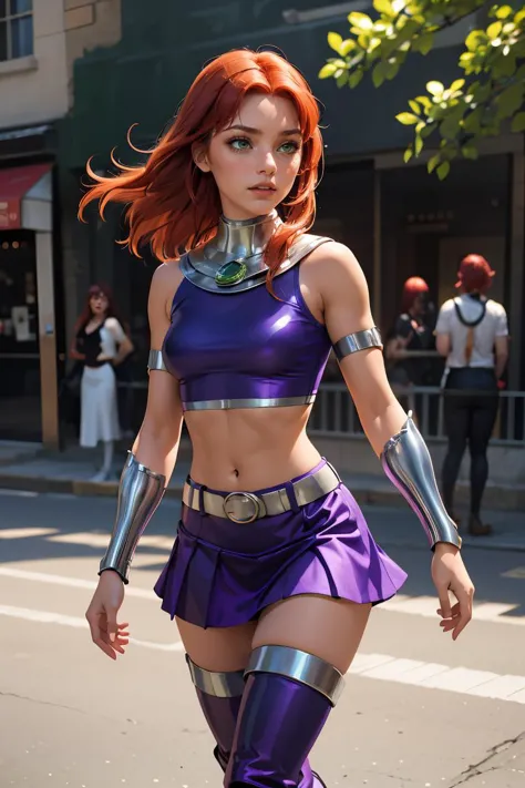 (masterpiece, best quality), 1girl,   <lora:starfire-guy-v2:0.8> starfire, orange skin, red hair, gorget, crop top, armlet, vambraces, midriff, skirt, purple skirt, thigh boots