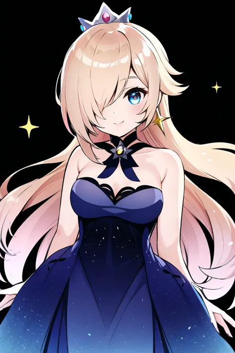 Highly detailed, High Quality, Masterpiece, beautiful, Rosalina, Rosalina_StarryNightDress, one eye covered, hair over one eye, ...