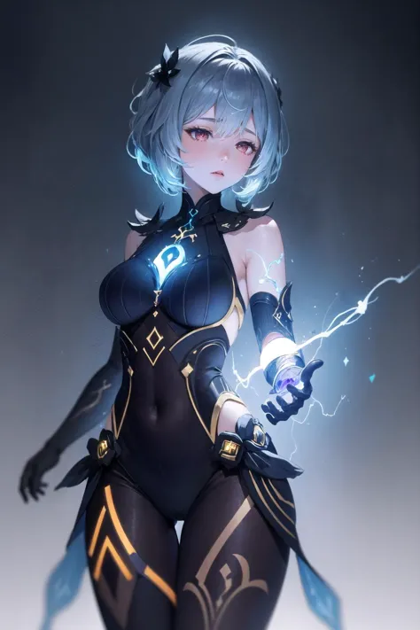 a woman in a black outfit holding a lightning ball