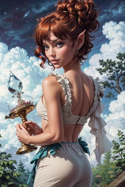 <lora:style_elfquest:0.5> eqstyle, pointy ears:1.2, elf:1.1, primitive clothing, hourglass figure, red hair, very short hair, updo, forest glade, starry sky, high contrast, sharp focus, masterpiece, best quality, highly detailed, HDR, highest quality, highres, sharp focus, 8k, 16k, skin pores, dynamic lights, realistic shadows, best shading, award winning masterpiece, 1girl, solo