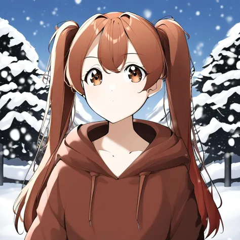 1girl, auburn-brown hair, long hair, twintails, auburn-brown eyes, medium-sized chest, hoodie, winter, outside