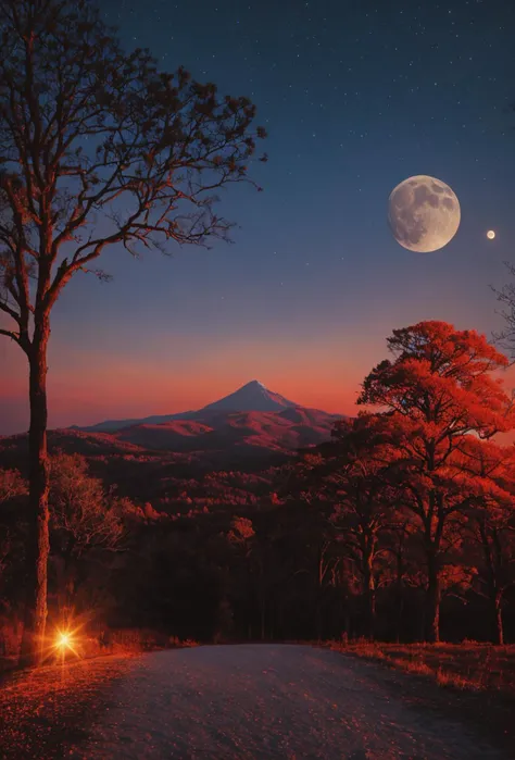 a full moon is seen over a road with trees and a mountain in the background