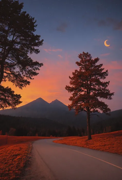 a view of a road with a tree and a mountain in the background