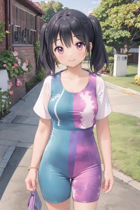 anime girl in a short dress with a purse on a sidewalk