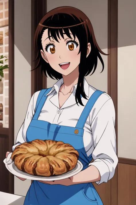 masterpiece, best quality, close up, <lora:onodera_v2:0.8> onodera kosaki, collared white shirt, blue apron, collarbone, :D, holding pastry box, <lora:age_slider_v1:-.25> mature female, <lora:weight_slider_v2:-.1>  <lora:add_detail:0.2>