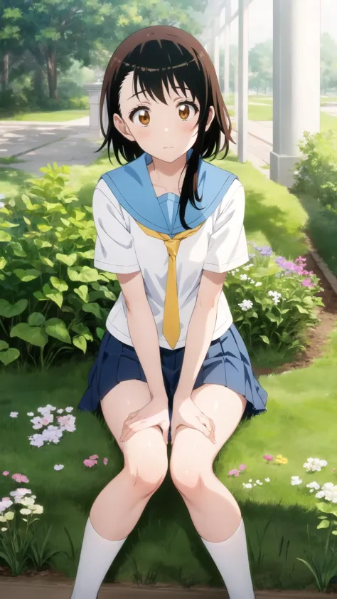 <lora:onodera_v2:0.8>, onodera kosaki, 
school uniform, serafuku, orange tie, light blue skirt, 
BREAK
masterpiece, best quality, highres, BREAK
,bored,old botanical garden daytime, , ruby theme, , eye level shot, hands on knees,, thighs