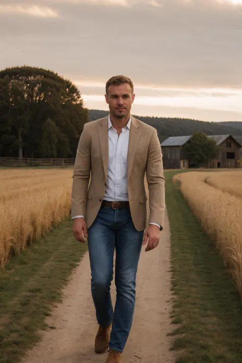 (wide shot) photo of matthew_bosch walking down the beginning of a path with golden fields on either side, wearing well-fitted s...