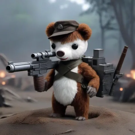 a close up of a stuffed animal with a gun in its hand