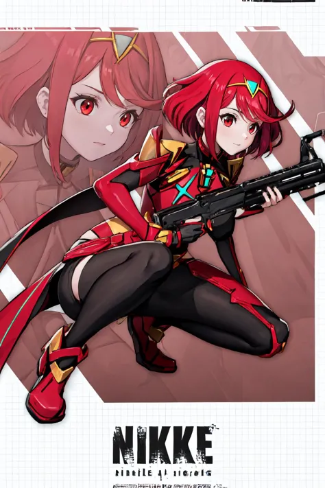 1girl, incrsnikkeprofile, <lora:nikkeprofile:1>, full body, zoom layer, holding weapon, holding gun, one knee, pyra \(xenoblade\...